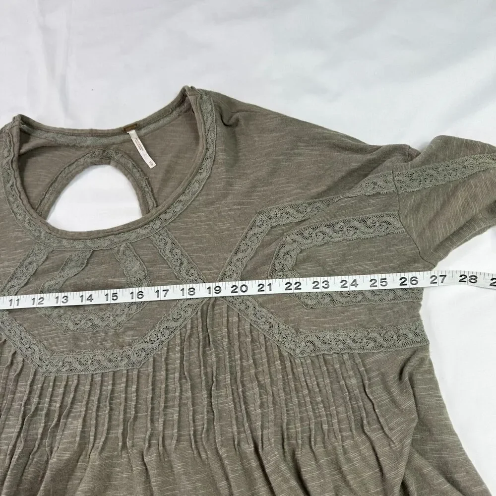 Free People Womens M Smoke Green Lace Trim Babydoll Blouse Key Hole Back